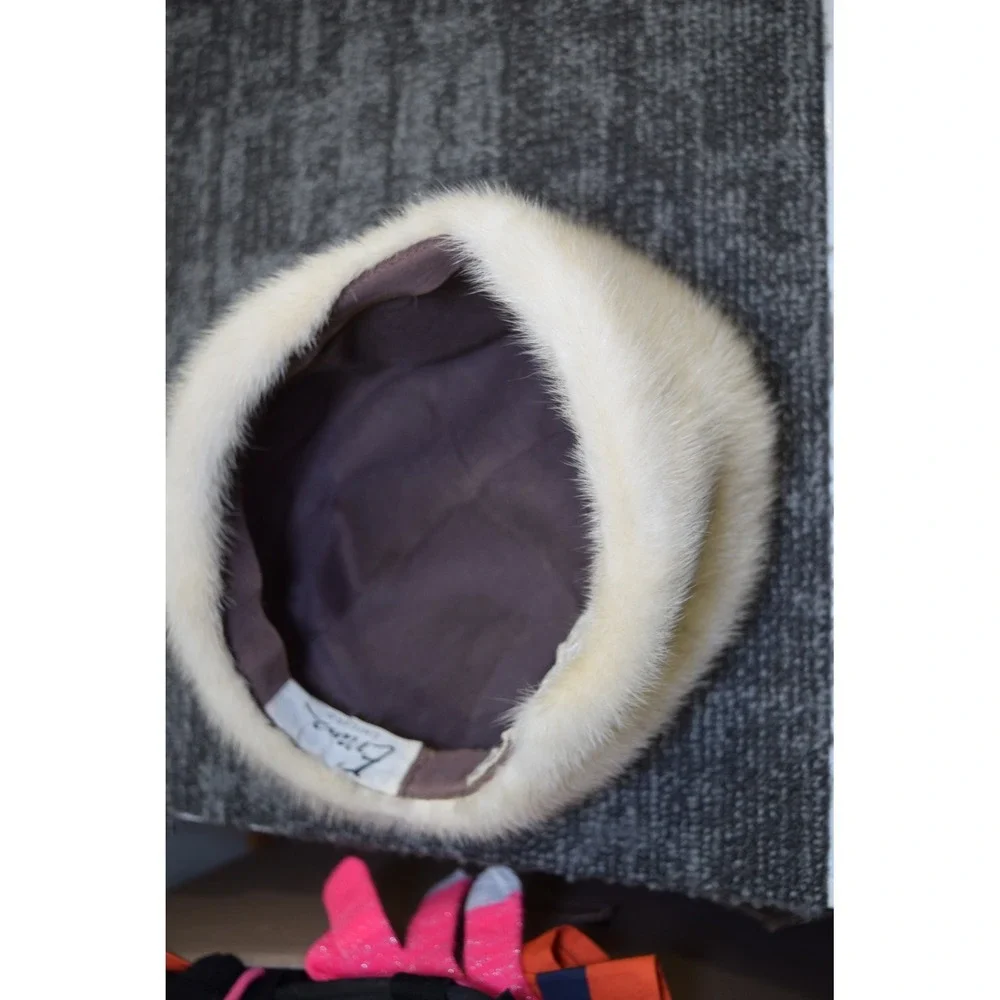 Evans Chicago Vintage WHITE MINK Soft Real Fur Winter Hat Womens S Initials BWL